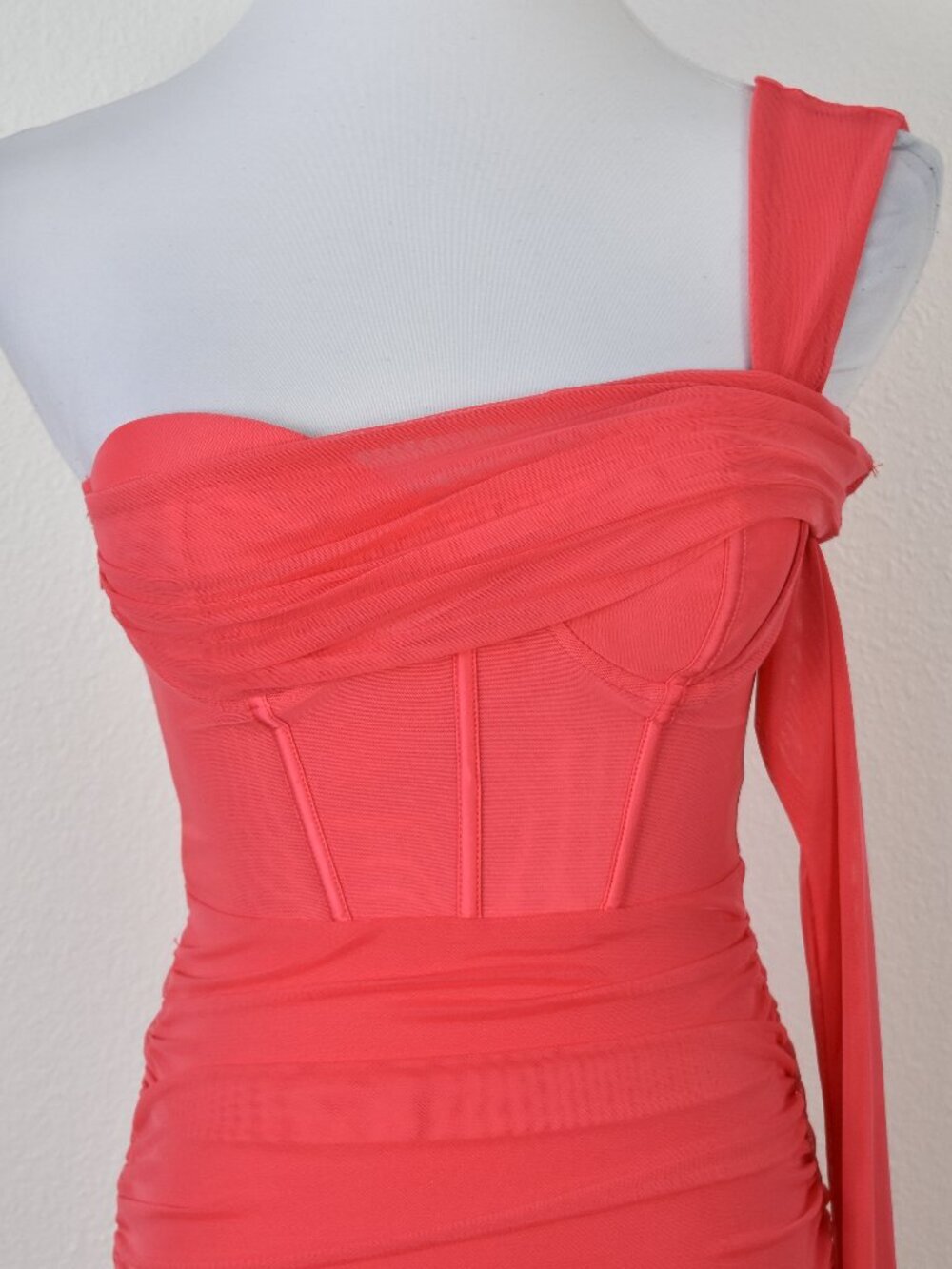 Oh Polly One For You Mesh Asymmetric Off Shoulder Mini Dress Pink - 2 - Picture 3 of 10